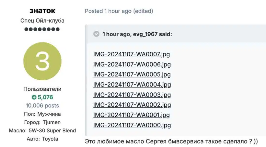 Скриншот профиля пользователя "Знаток" из Ойл-клуба с информацией об автомобиле и предпочтениях по моторному маслу, а также списком загружен