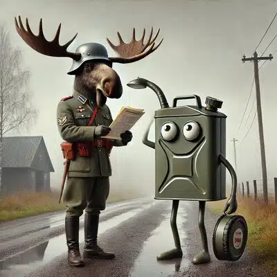 Мультяшный лось в военной форме читает документ перед одушевленной канистрой на фоне дороги в тумане.
