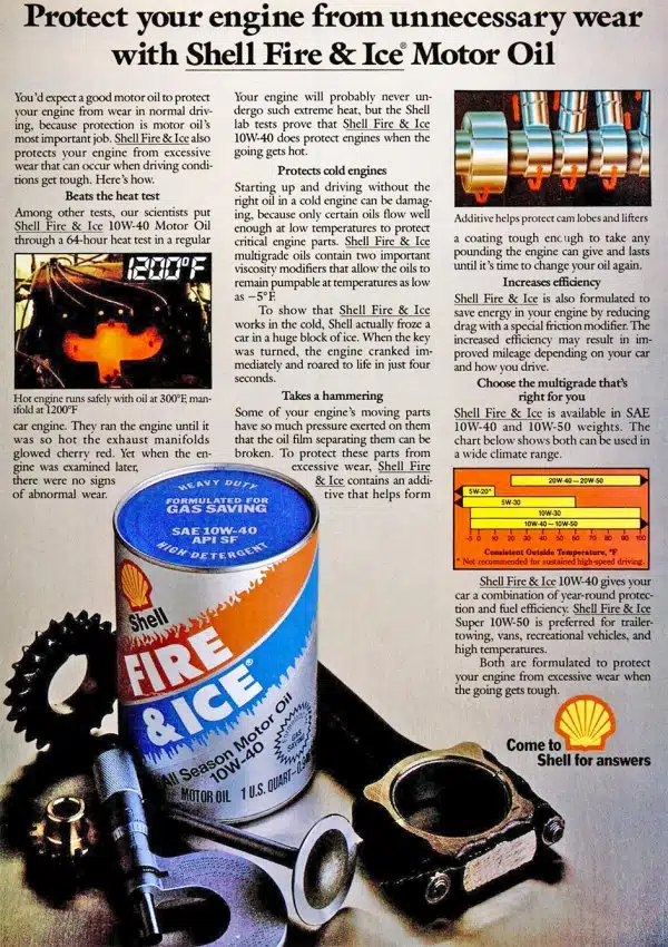 Яркая банка моторного масла Shell Fire Ice среди блестящих деталей двигателя символ заботы о моторе автомобиля в условиях сильного нагрева и холода.