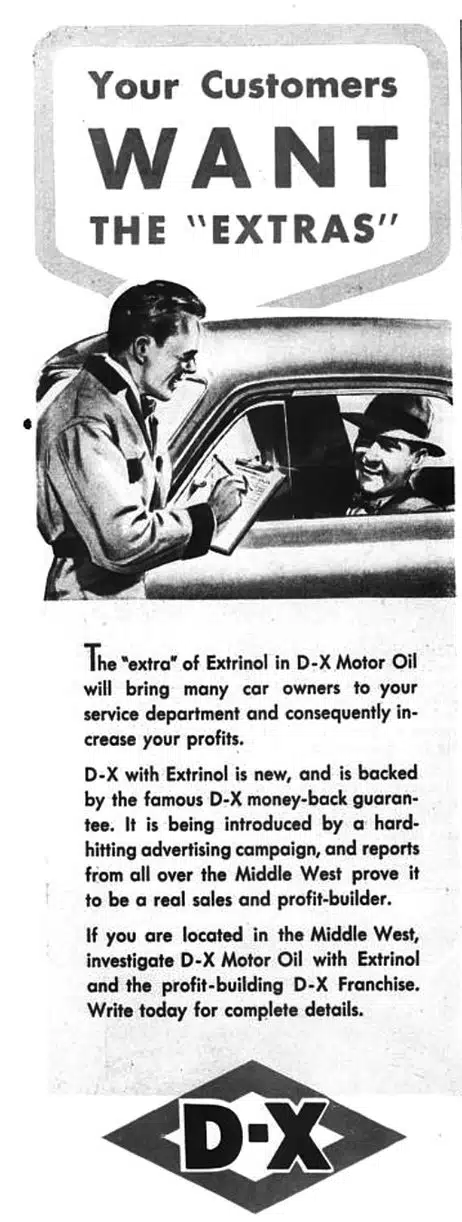 Реклама D-X Motor Oil обещает "экстры" и увеличение прибыли с помощью моторного масла Extrinol и выгодной франшизы.