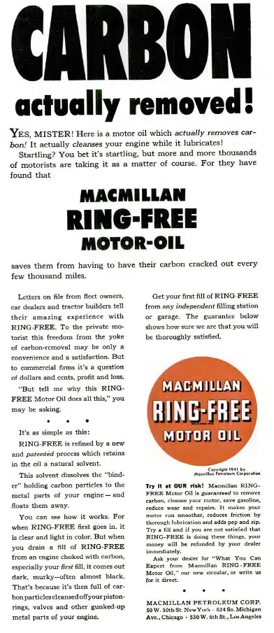 Винтажная реклама MacMillan RING FREE Motor Oil удаляет углеродные отложения двигателя.