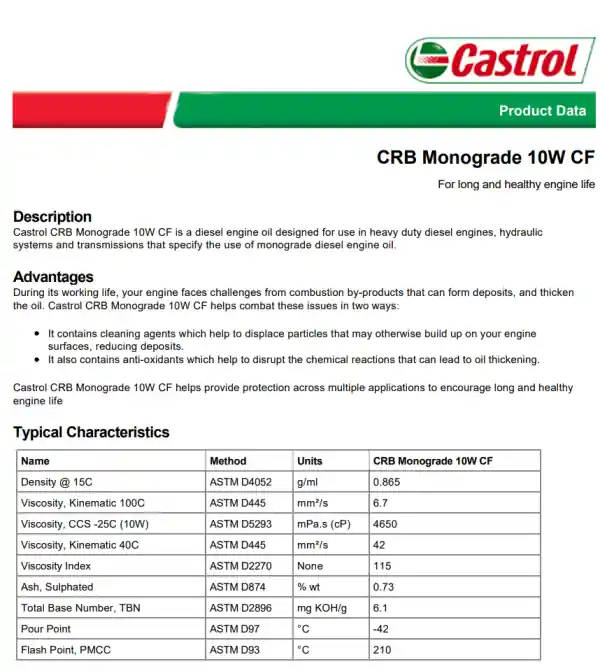 Инфографика о моторном масле Castrol CRB Monograde 10W CF с описанием преимуществ и технических характеристик.