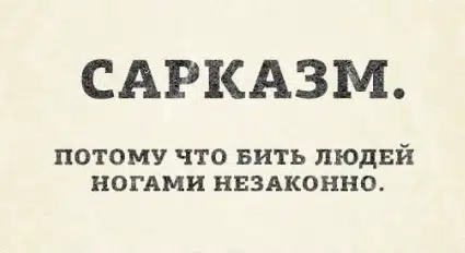 Текст на картинке гласит сарказм потому что бить людей ногами незаконно юмористическая фраза для любителей острого словца.