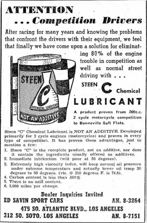 Реклама масла Steen C Chemical Lubricant для гоночных мотоциклов, обеспечивающего отличную смазку и защиту двигателя.