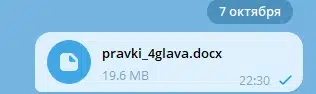 Скриншот сообщения с отправленным файлом pravki_4glava.docx размером 19.6 MB и отметкой о доставке в Telegram.