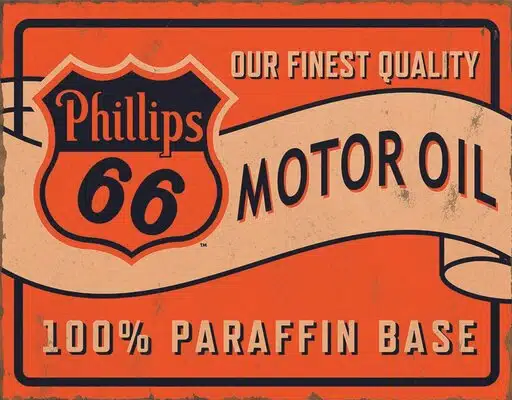 Ретро плакат Phillips 66 моторное масло высшего качества на парафиновой основе в оранжевых и бежевых тонах.