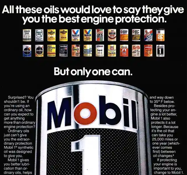 Ретро реклама моторного масла Mobil 1 на фоне других марок, подчеркивающая его превосходство в защите двигателя.
