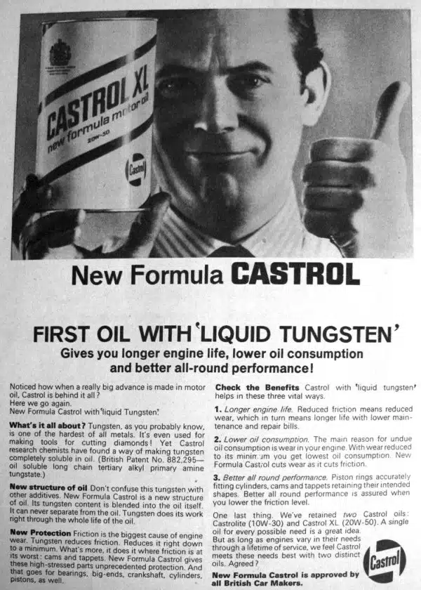 Реклама моторного масла Castrol XL с человеком, показывающим "большой палец" вверх, продвигает формулу с жидким вольфрамом.