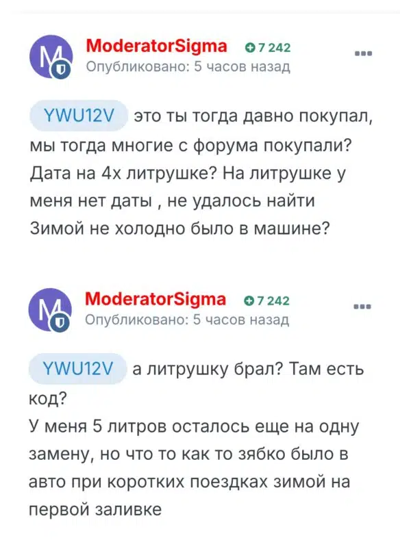 Скриншот переписки двух пользователей в интернете обсуждающих покупку литрушки для авто и ощущения от ее использования зимой.