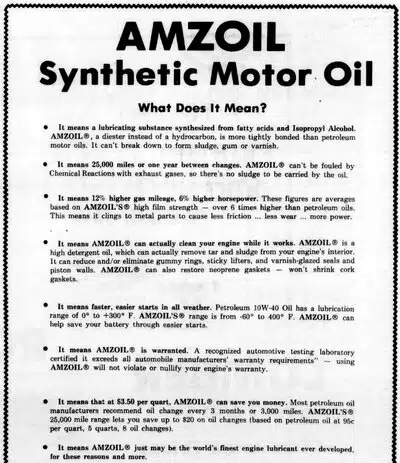 Реклама моторного масла AMZOIL Synthetic Motor Oil с описанием его преимуществ и свойств.