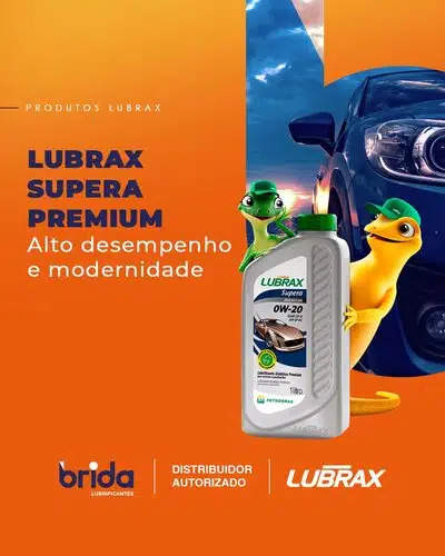 Рекламное изображение моторного масла Lubrax Supera Premium с забавными ящерицами на фоне автомобиля.