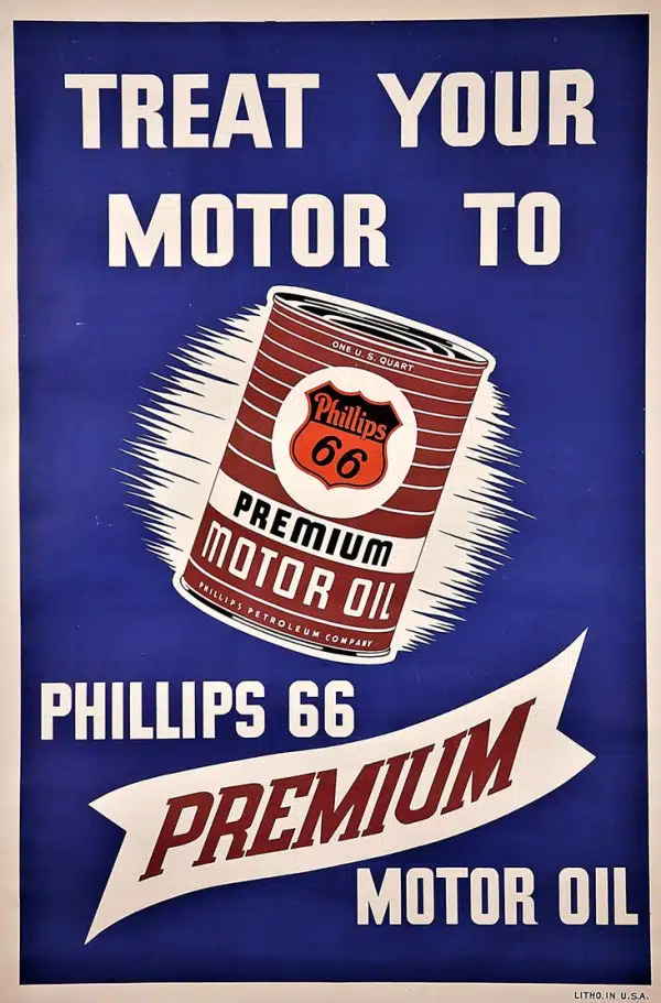 Рекламный плакат Phillips 66 призывает "угостить" мотор премиальным моторным маслом на синем фоне.