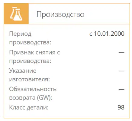 Информация о производстве с датой начала 10.01.2000, признаки и класс детали.