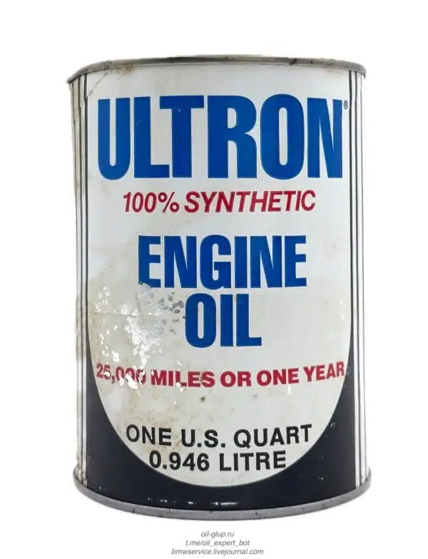 Бело синяя жестяная емкость Ultron с информацией сто процентов синтетическое моторное масло и параметрами.