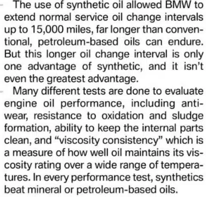 Текст описывает преимущества синтетического масла для двигателей BMW, его долговечность и эффективность в различных тестах.