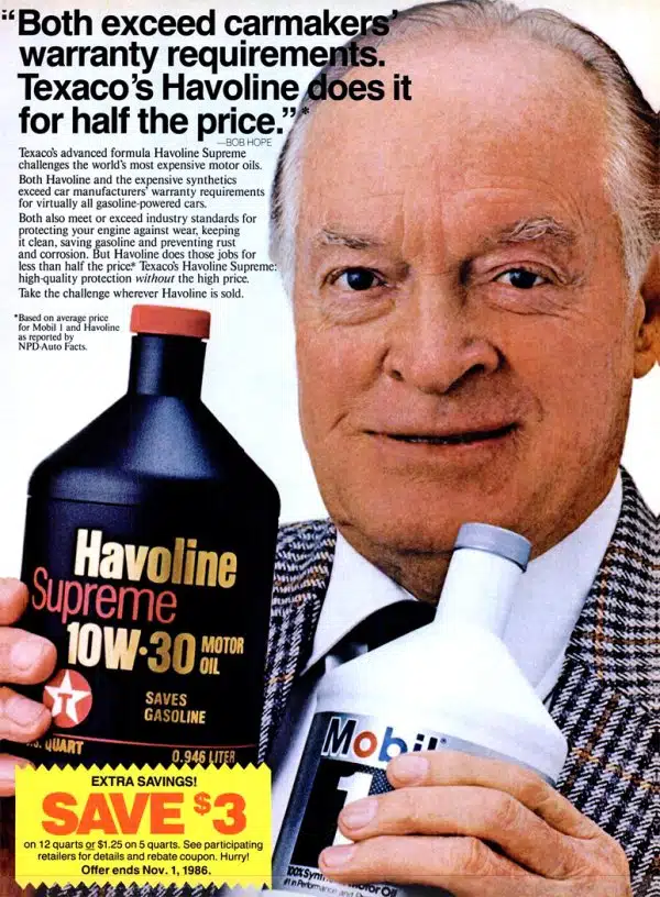 Реклама Havoline Supreme с Боб Хоупом держит моторные масла Havoline и Mobil с акцией скидки.