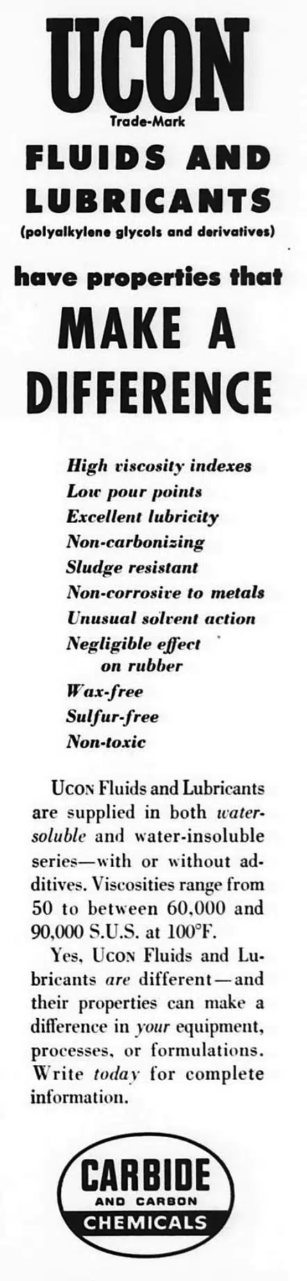 Реклама UCON fluids and lubricants от Carbide and Carbon Chemicals с описанием свойств и областей применения.