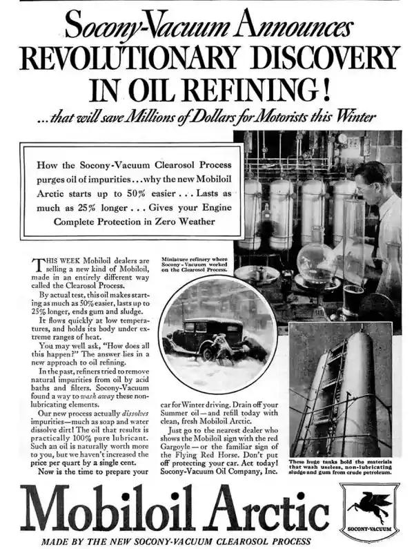 Винтажная реклама Mobiloil Arctic обещает революционную очистку масла Clearosol Process для защиты двигателя зимой.