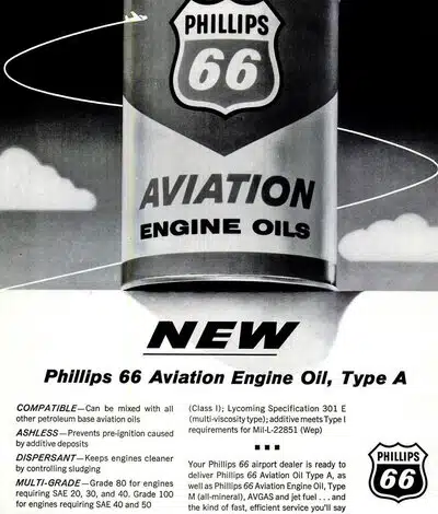 Реклама масла Phillips 66 Aviation Engine Oils для авиационных двигателей с логотипом компании и летящим самолётом.