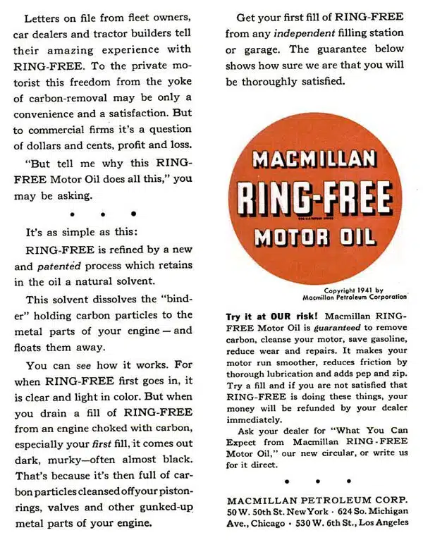 Реклама моторного масла RING FREE от Macmillan 1941 года