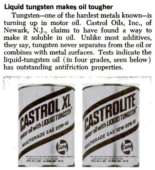 Реклама моторного масла Castrol XL и Castrolite с жидким вольфрамом для повышенной износостойкости двигателя.