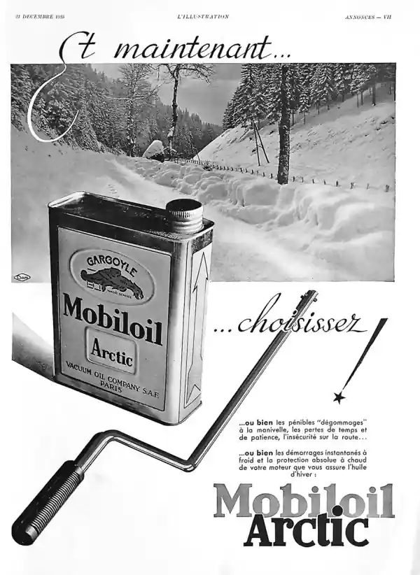Ретро реклама Mobiloil Arctic на фоне зимнего пейзажа предлагает легкий запуск двигателя в холодную погоду.