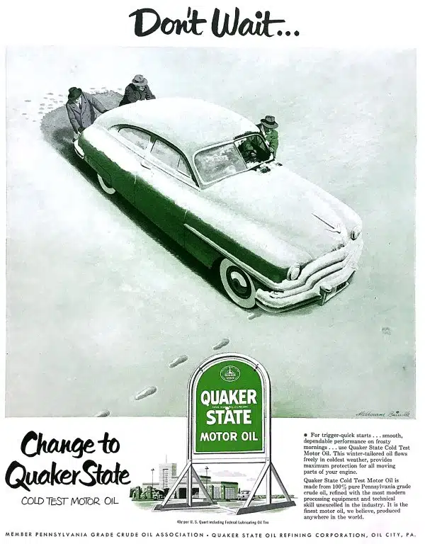 Ретро реклама Quaker State: люди толкают заснеженный автомобиль к указателю моторного масла.