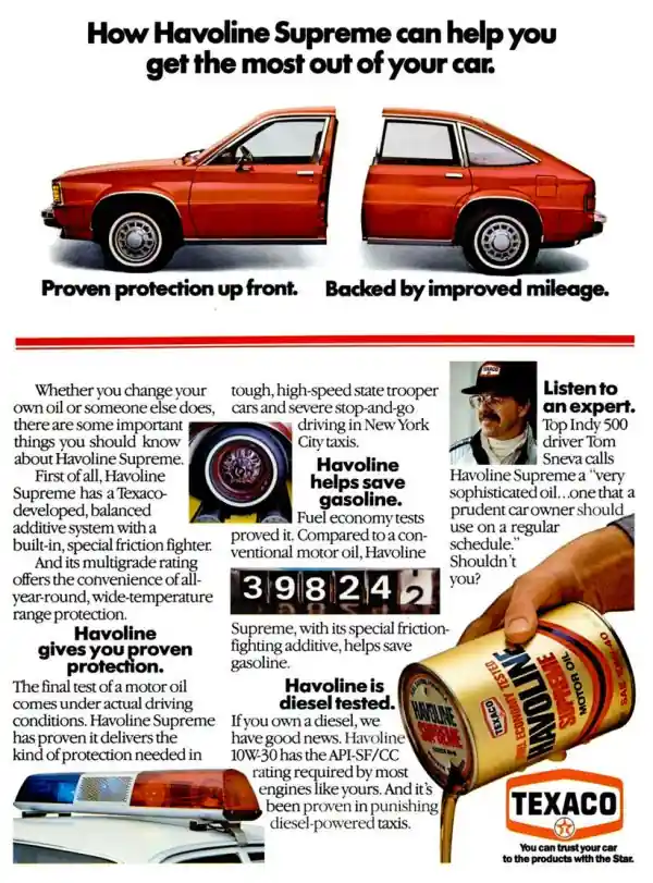 Рекламное объявление моторного масла Havoline Supreme показывает разрезанный автомобиль и подчеркивает преимущества масла Texaco.