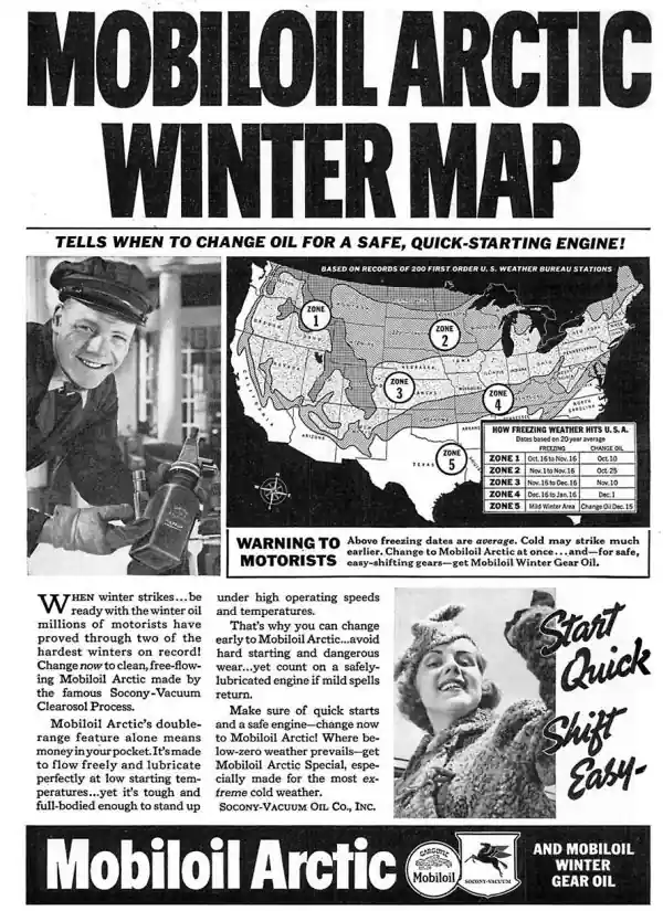 Рекламный плакат Mobiloil Arctic Winter Map с картой США, показывающей зоны замерзания и рекомендации по замене масла для безопасного запуска двигателя.