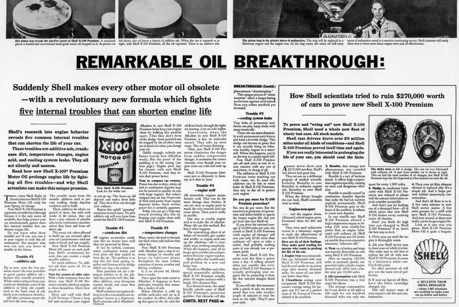 Винтажная реклама Shell X-100 Premium Motor Oil обещает революционную формулу для защиты двигателя от пяти проблем.