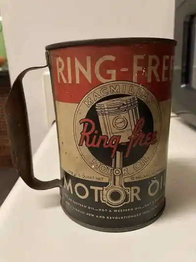 Винтажная банка моторного масла Ring Free Macmillan с ручкой