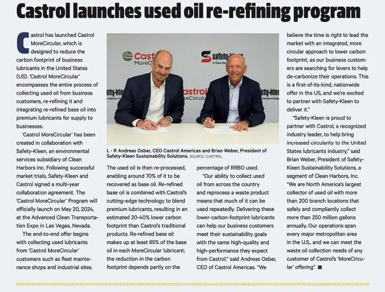 Castrol запускает программу переработки отработанного масла с Safety-Kleen для экологически чистых смазочных материалов.