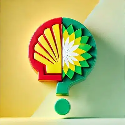 Вопросительный знак из логотипов Shell и BP на жёлто зелёном фоне символизирует вопрос энергетики будущего.