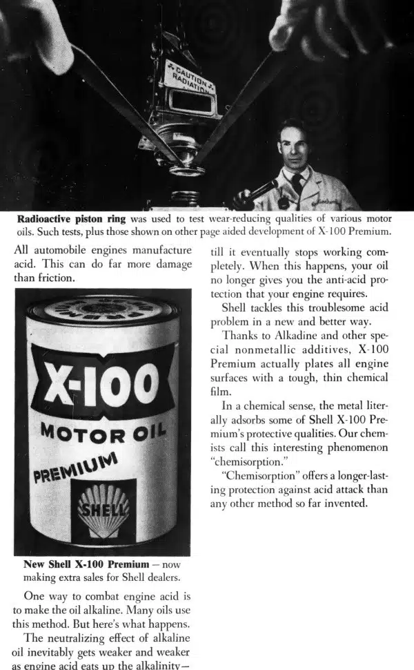 Винтажная реклама моторного масла Shell X-100 Premium с изображением радиоактивного испытания и банки масла.