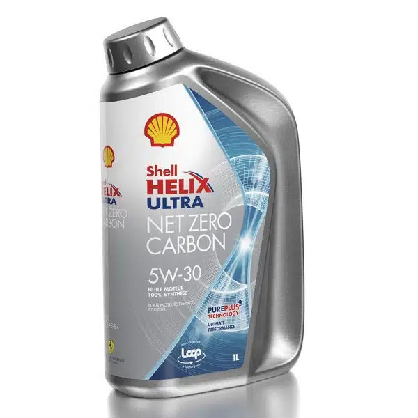 На фото серая канистра моторного масла Shell Helix Ultra Net Zero Carbon 5W-30 объемом 1 литр.