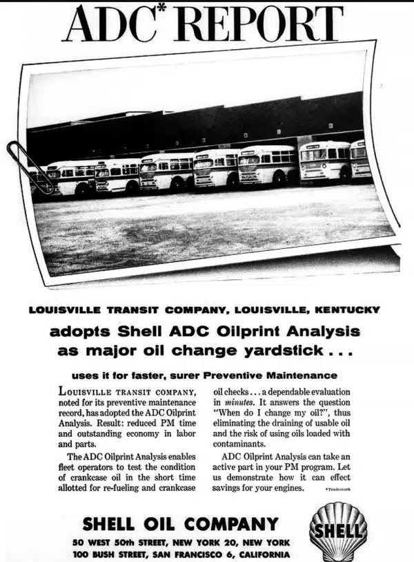 Реклама Shell ADC Oilprint Analysis для Louisville Transit Company с фотографией ряда автобусов на стоянке.