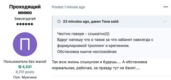 Скриншот диалога пользователя Проходящий мимо о страхе бана за троллинг с репликами о текущей обстановке на платформе.