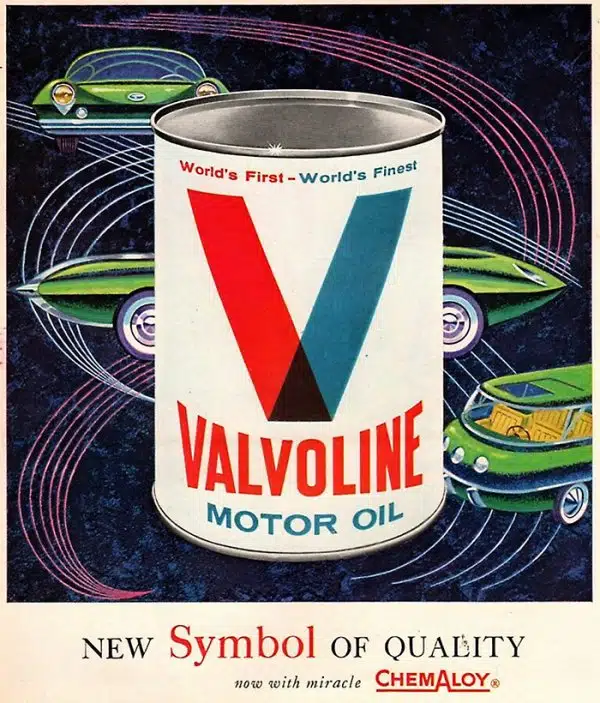 Рекламный плакат Valvoline с винтажными авто и слоганом новый символ качества.