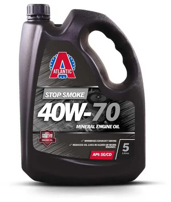 Чёрная канистра моторного масла Atlantic 40W-70 Stop Smoke объёмом 5 литров для уменьшения дымности выхлопа и снижения расхода масла.