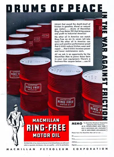 Старинная реклама Macmillan Ring Free Drums of Peace с красными бочками.