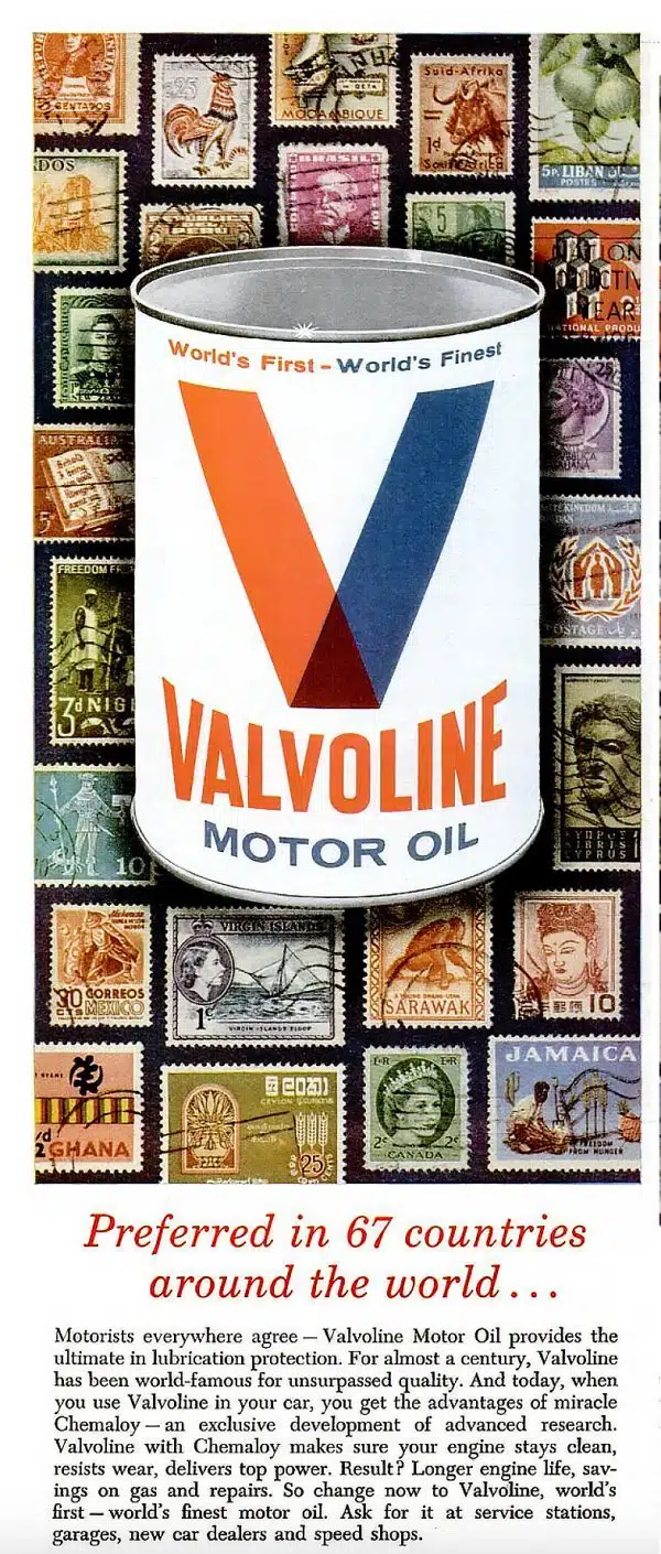 Рекламный плакат Valvoline на фоне почтовых марок разных стран, подчеркивающий мировое признание.
