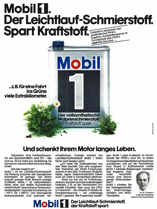 Изображение канистры масла Mobil 1 на траве реклама экономии топлива и долговечности двигателя