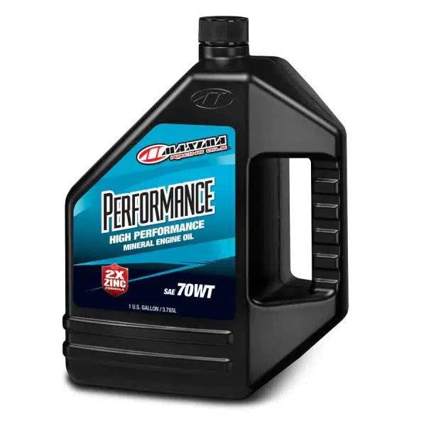 Чёрная канистра с моторным маслом Maxima Performance SAE 70WT для двигателей с минеральной основой и добавлением цинка.