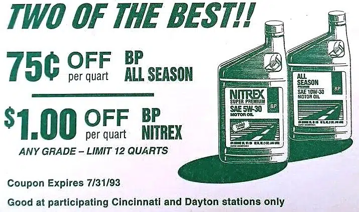 Купон на скидку моторного масла BP Nitrex и All Season с истекающим сроком годности, акция в Цинциннати и Дейтоне.