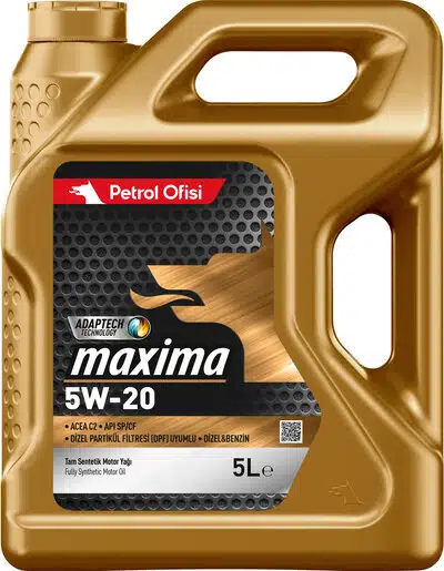 Канистра моторного масла Petrol Ofisi Maxima 5W-20 золотистого цвета, полностью синтетическое.