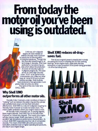 Реклама моторного масла Shell XMO утверждает превосходство над устаревшими маслами и экономию топлива.