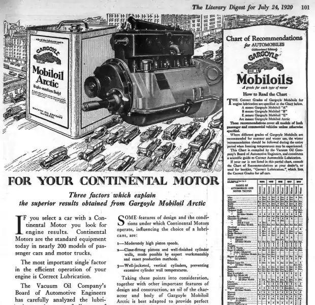 Винтажная реклама Mobil Oil Arctic для Continental Motor с рекомендациями по смазке автомобилей и грузовиков в журнале 1920 года.