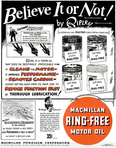 Винтажная реклама моторного масла Macmillan Ring Free и Believe It or Not Рипли.