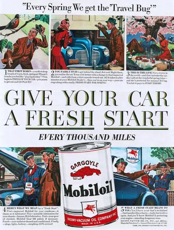 Винтажная реклама Mobiloil обещает "свежий старт" для вашего автомобиля с иллюстрациями счастливых людей и красивых пейзажей.