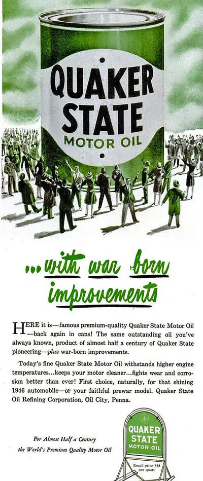 Винтажная реклама моторного масла Quaker State с огромной банкой и толпой людей, акцент на усовершенствованиях после войны.